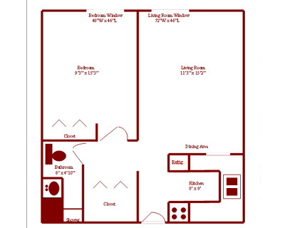 Riverview Terrace apartment floor map one bedroom