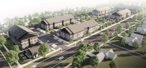 Aerial view of suburban apartment complex with trees